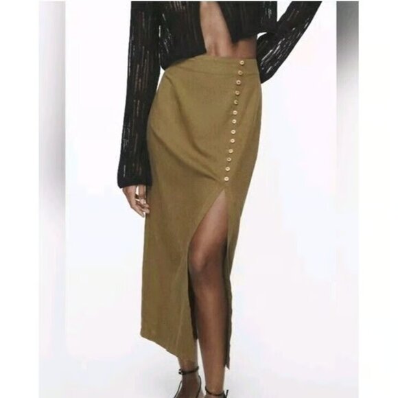 Zara Dresses & Skirts - Zara Khaki Green Button-Front Side Slit Maxi Skirt S
